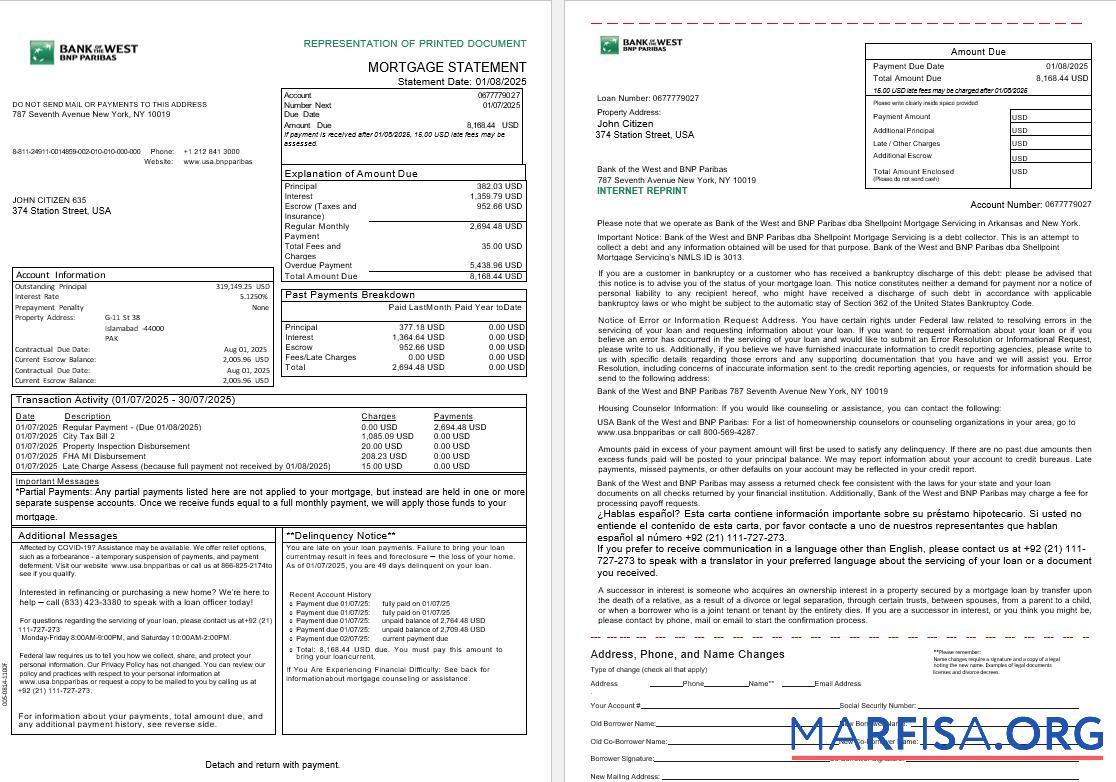 Realistic USA South Dakota Bank of the West BNP Paribas bank mortgage statement in Word and PDF formats, 3 pages 1 2 template
